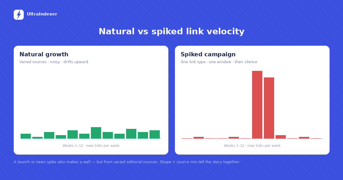 Natural link growth curve compared with a sudden spiked link velocity pattern over twelve weeks